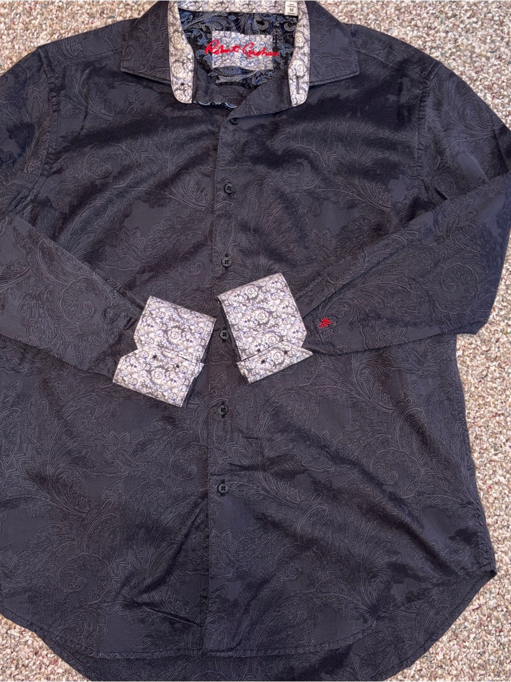 Robert Graham Mens M Black Jacquard Paisley Shirt W/Flip Skull Cuffs Cotton